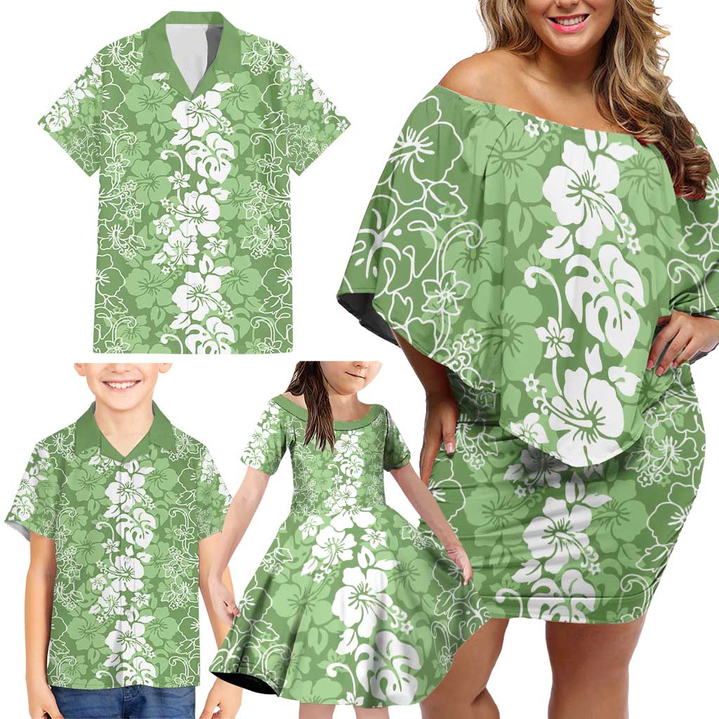 Hawaiian Lei Day Family Matching Off Shoulder Short Dress and Hawaiian Shirt Green Hibiscus Flowers Lei Art