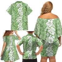 Hawaiian Lei Day Family Matching Off Shoulder Short Dress and Hawaiian Shirt Green Hibiscus Flowers Lei Art