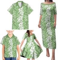 Hawaiian Lei Day Family Matching Puletasi and Hawaiian Shirt Green Hibiscus Flowers Lei Art