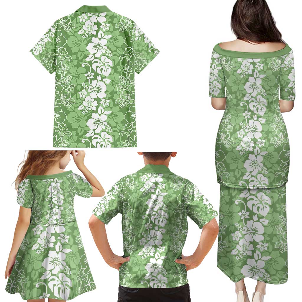 Hawaiian Lei Day Family Matching Puletasi and Hawaiian Shirt Green Hibiscus Flowers Lei Art