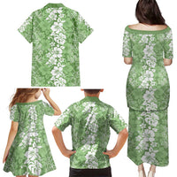 Hawaiian Lei Day Family Matching Puletasi and Hawaiian Shirt Green Hibiscus Flowers Lei Art