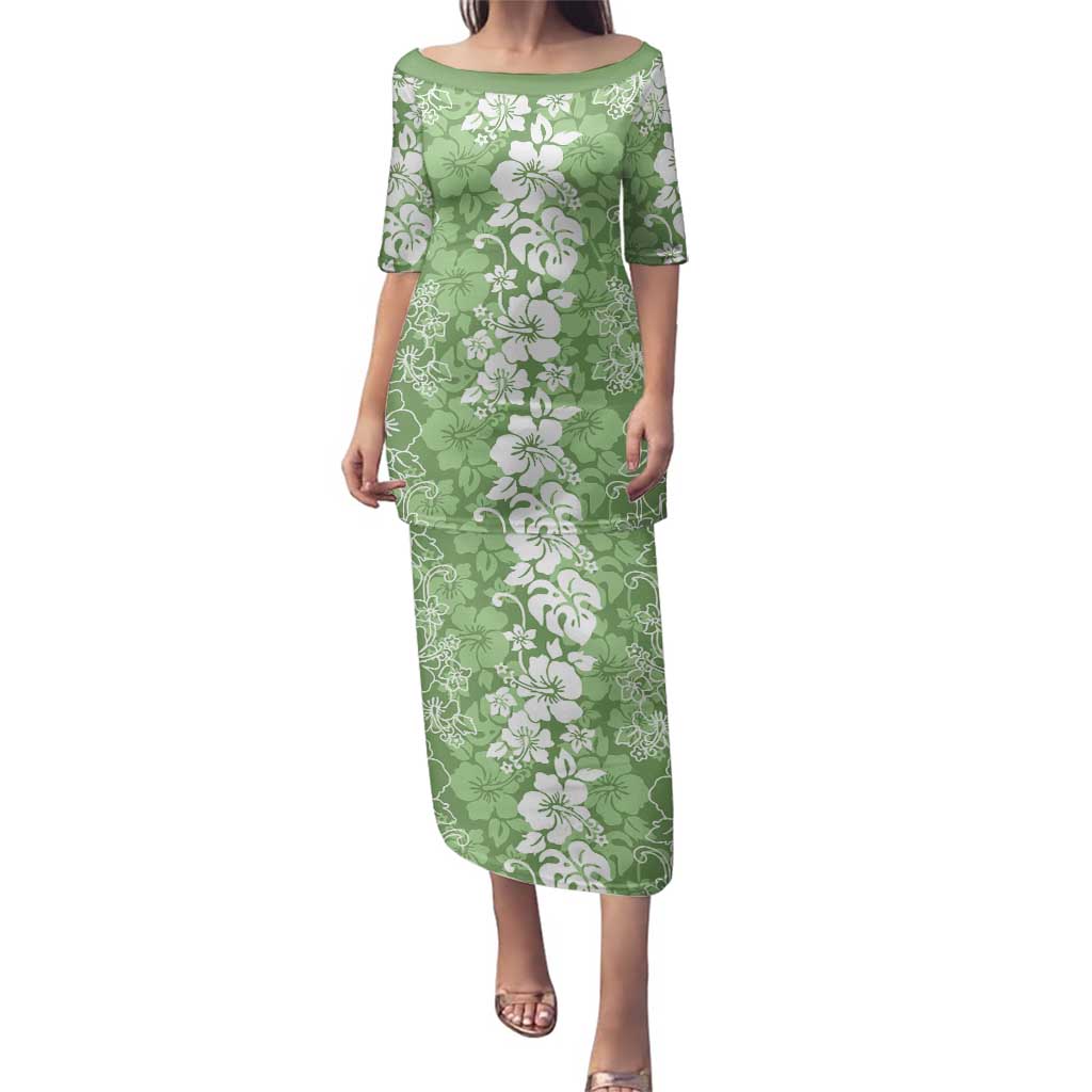 Hawaiian Lei Day Family Matching Puletasi and Hawaiian Shirt Green Hibiscus Flowers Lei Art