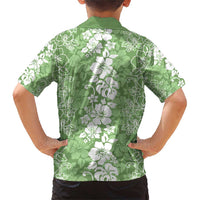 Hawaiian Lei Day Family Matching Short Sleeve Bodycon Dress and Hawaiian Shirt Green Hibiscus Flowers Lei Art