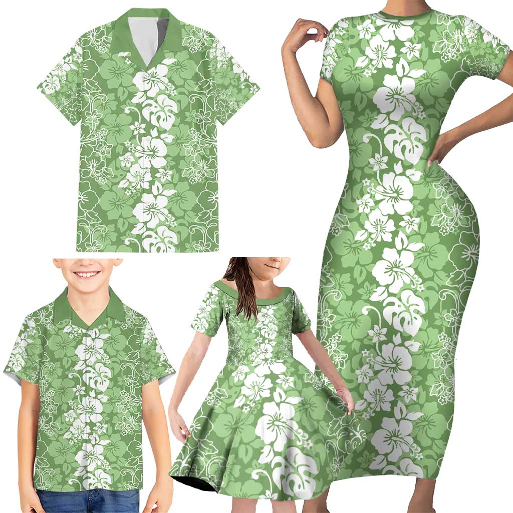 Hawaiian Lei Day Family Matching Short Sleeve Bodycon Dress and Hawaiian Shirt Green Hibiscus Flowers Lei Art