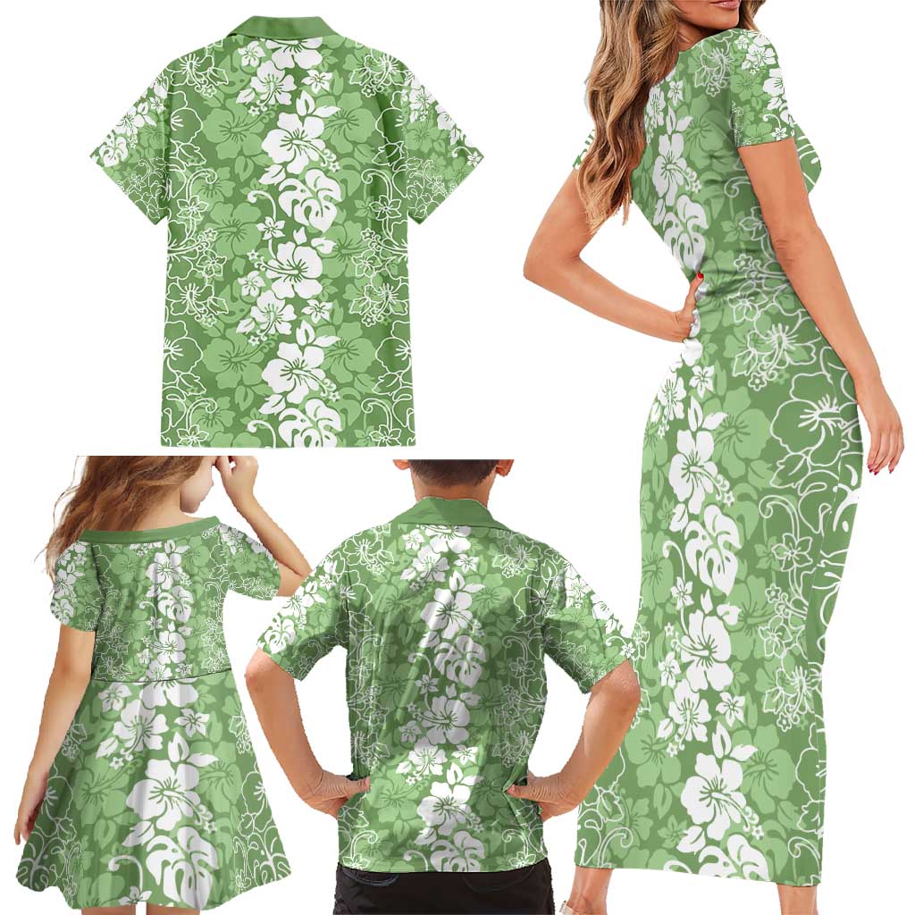 Hawaiian Lei Day Family Matching Short Sleeve Bodycon Dress and Hawaiian Shirt Green Hibiscus Flowers Lei Art