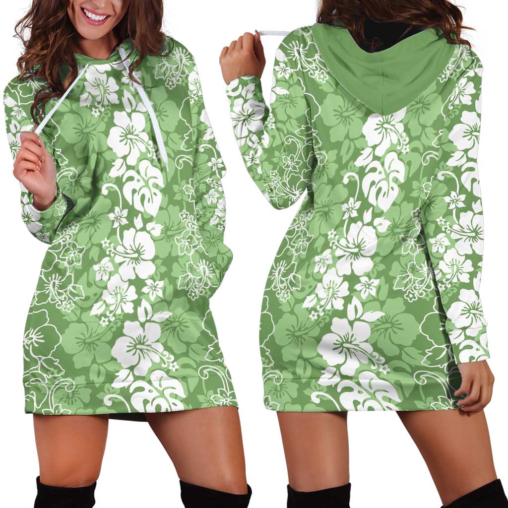 Hawaiian Lei Day Hoodie Dress Green Hibiscus Flowers Lei Art