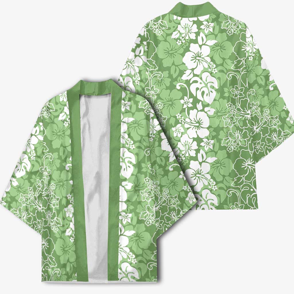 Hawaiian Lei Day Kimono Green Hibiscus Flowers Lei Art - Polynesian Pride
