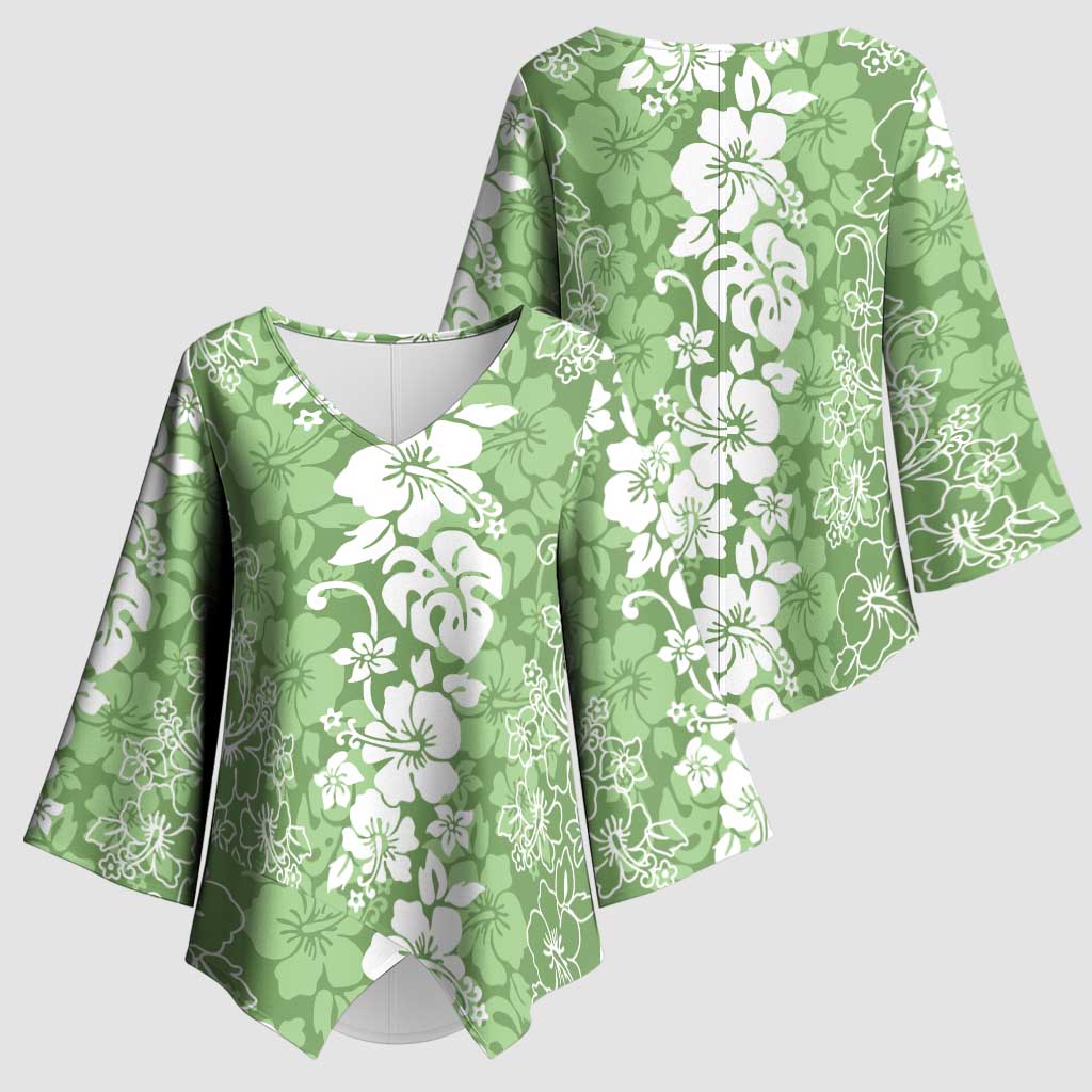 Hawaiian Lei Day Kimono Sleeve Blouse Green Hibiscus Flowers Lei Art - Polynesian Pride