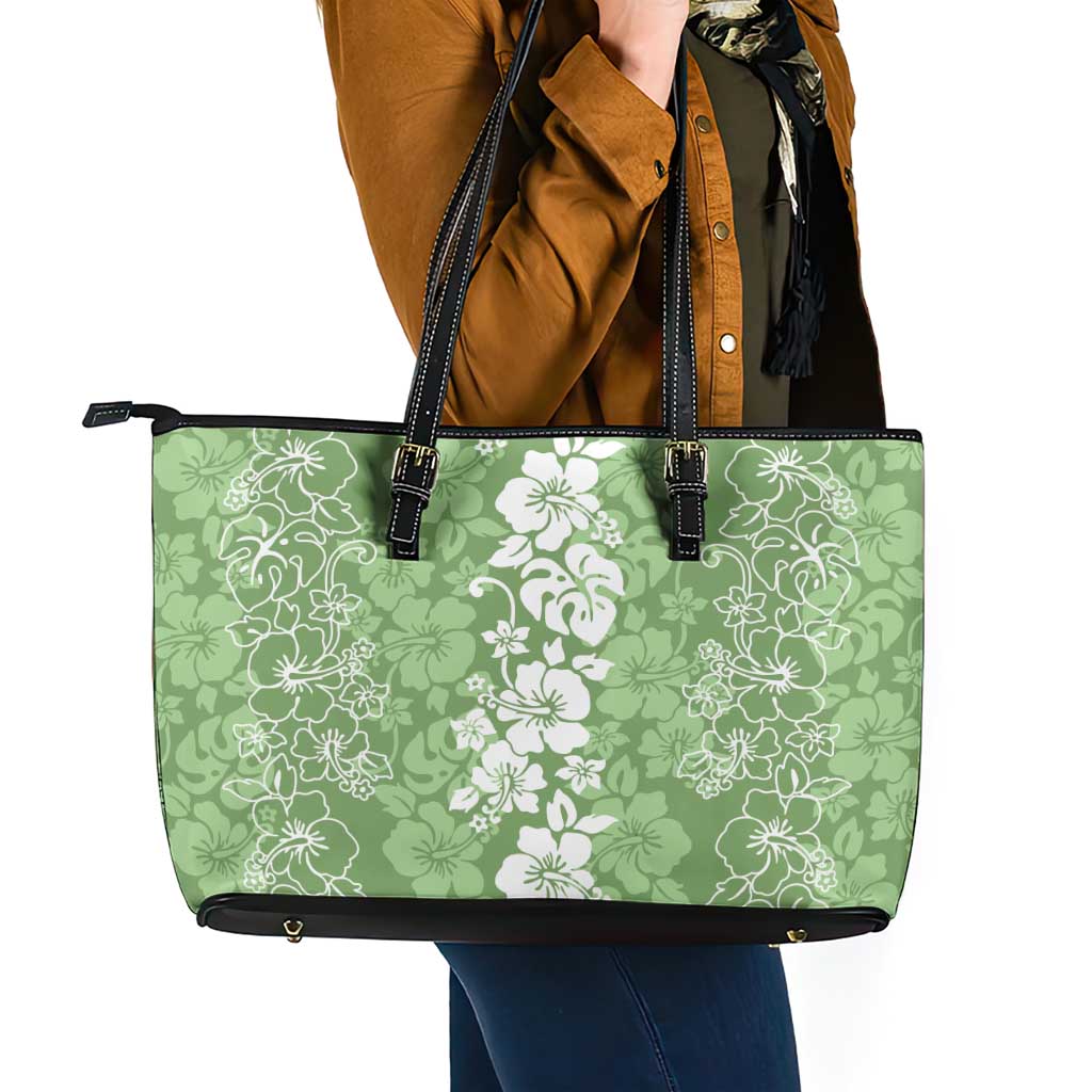 Hawaiian Lei Day Leather Tote Bag Green Hibiscus Flowers Lei Art