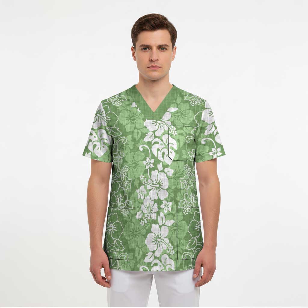 Hawaiian Lei Day Scrub Top Green Hibiscus Flowers Lei Art - Polynesian Pride