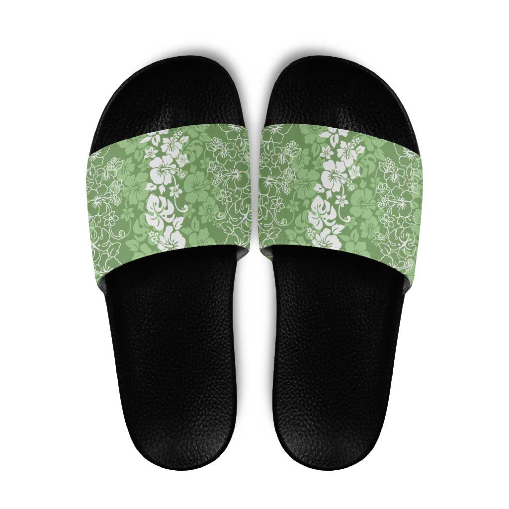 Hawaiian Lei Day Slide Sandals Green Hibiscus Flowers Lei Art - Polynesian Pride