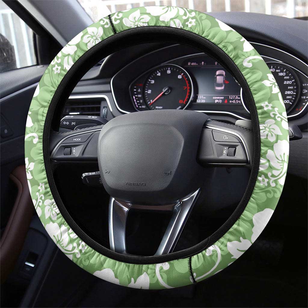 Hawaiian Lei Day Steering Wheel Cover Green Hibiscus Flowers Lei Art