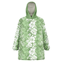 Hawaiian Lei Day Wearable Blanket Hoodie Green Hibiscus Flowers Lei Art