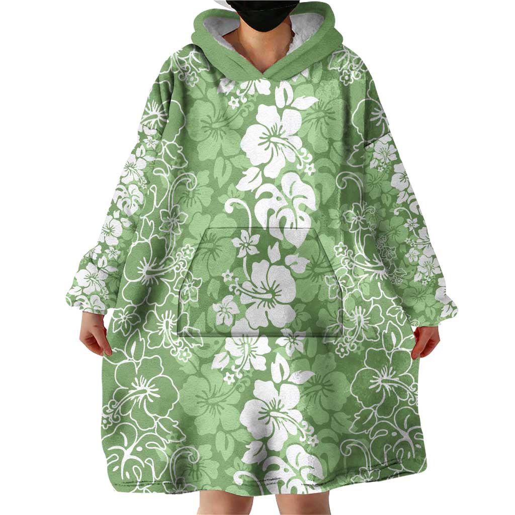 Hawaiian Lei Day Wearable Blanket Hoodie Green Hibiscus Flowers Lei Art