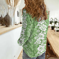 Hawaiian Lei Day Women Casual Shirt Green Hibiscus Flowers Lei Art