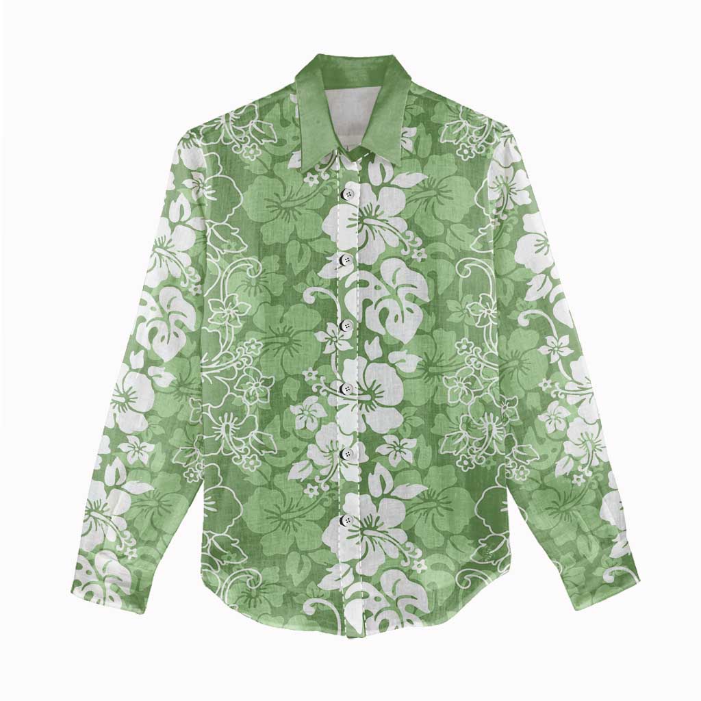 Hawaiian Lei Day Women Casual Shirt Green Hibiscus Flowers Lei Art