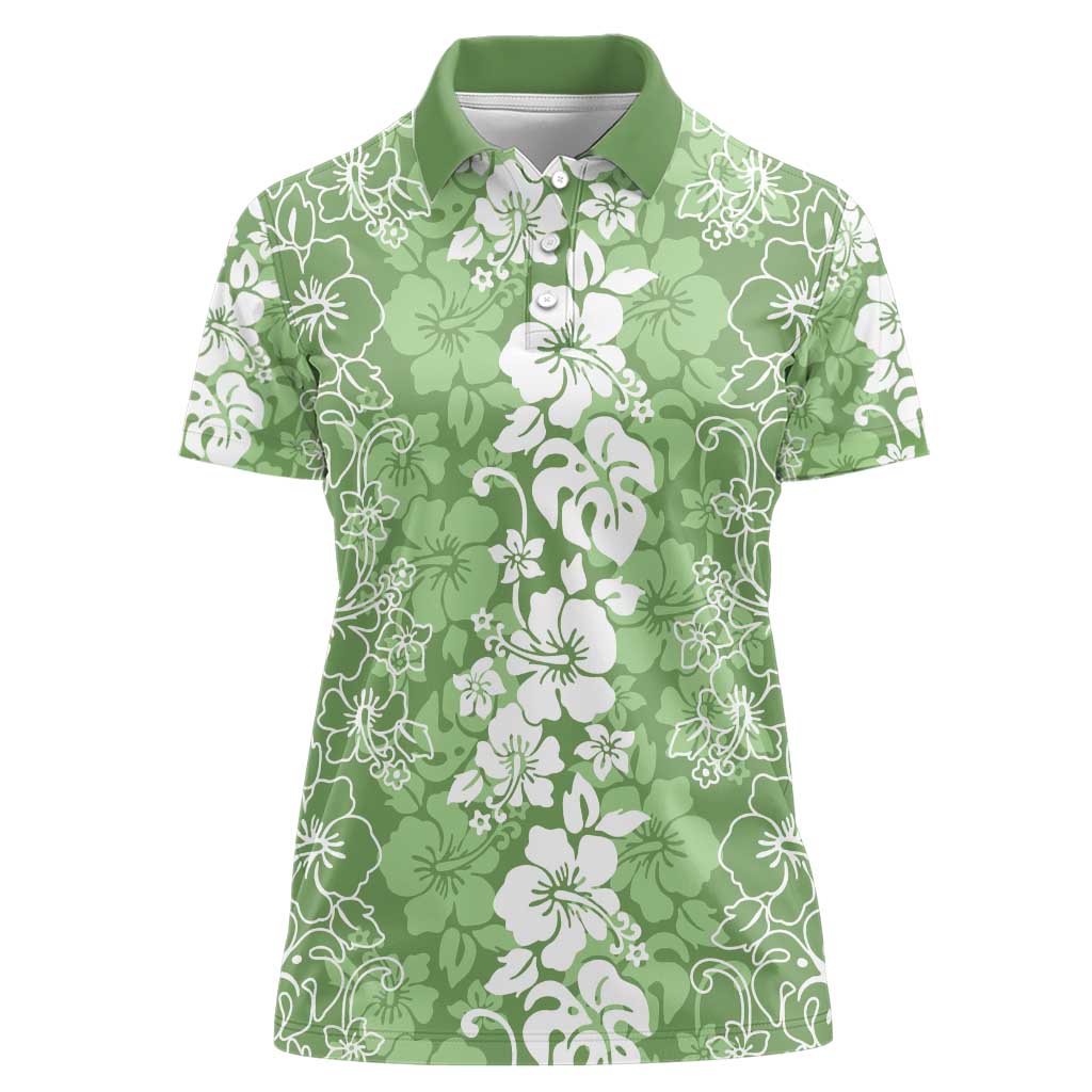 Hawaiian Lei Day Women Polo Shirt Green Hibiscus Flowers Lei Art