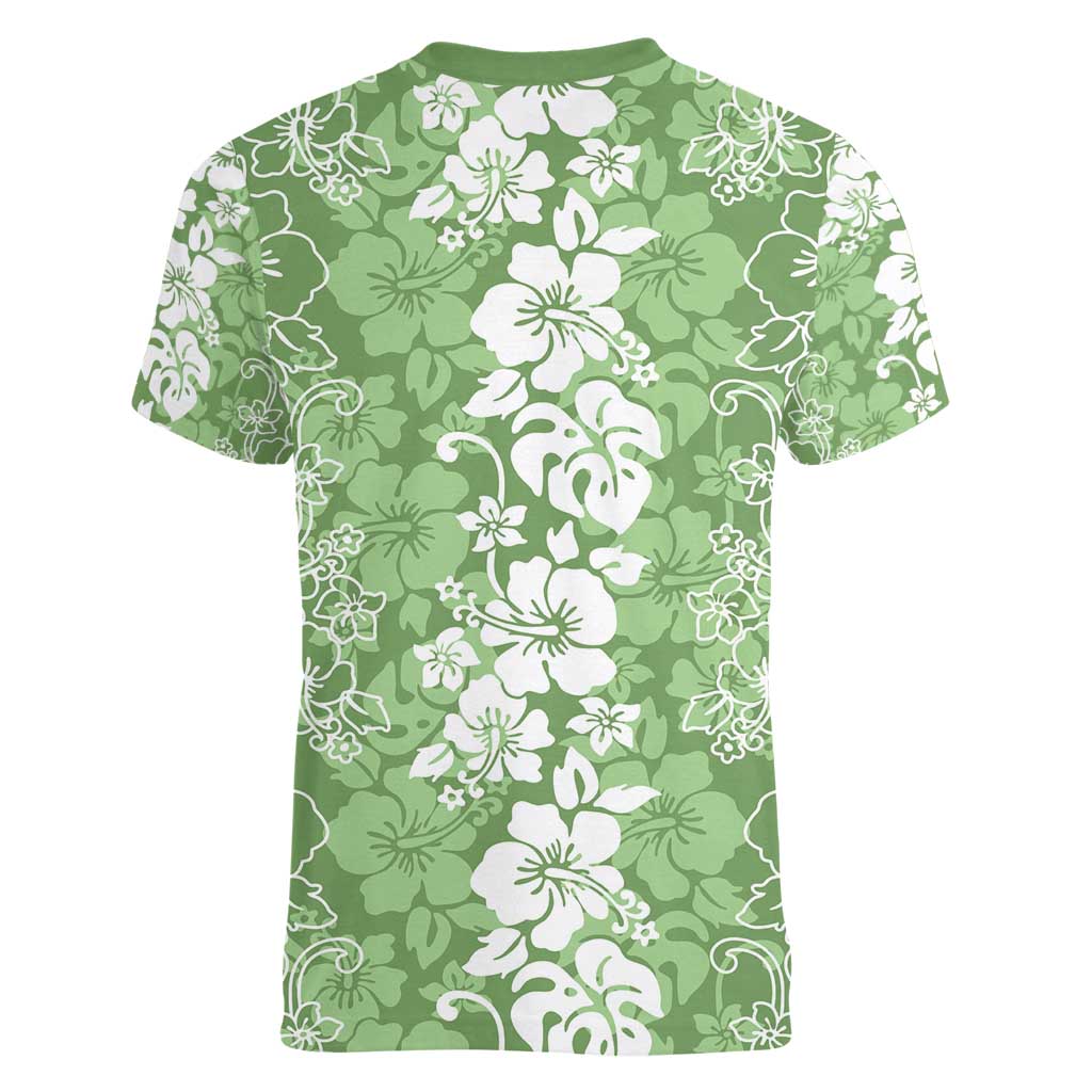 Hawaiian Lei Day Women V-Neck T-Shirt Green Hibiscus Flowers Lei Art