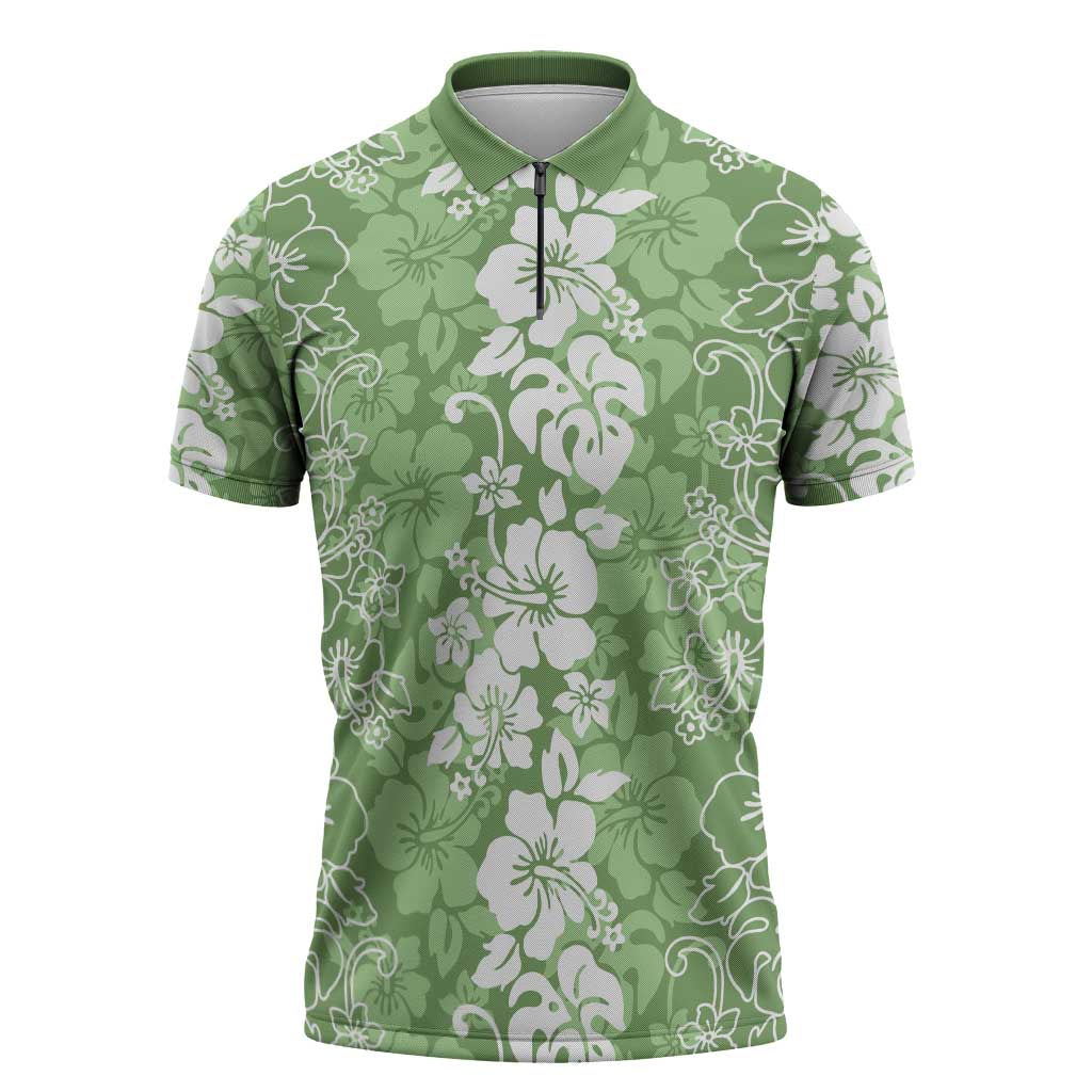 Hawaiian Lei Day Zipper Polo Shirt Green Hibiscus Flowers Lei Art - Polynesian Pride