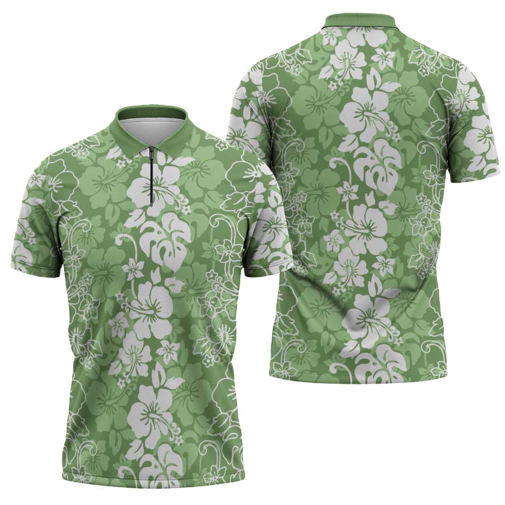 Hawaiian Lei Day Zipper Polo Shirt Green Hibiscus Flowers Lei Art - Polynesian Pride