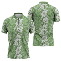 Hawaiian Lei Day Zipper Polo Shirt Green Hibiscus Flowers Lei Art - Polynesian Pride