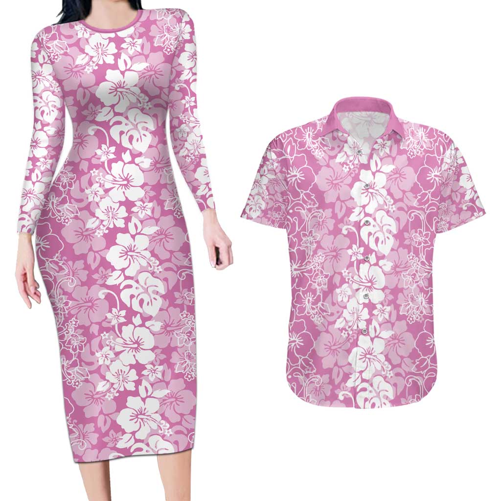 Hawaiian Lei Day Couples Matching Long Sleeve Bodycon Dress and Hawaiian Shirt Pink Hibiscus Flowers Lei Art