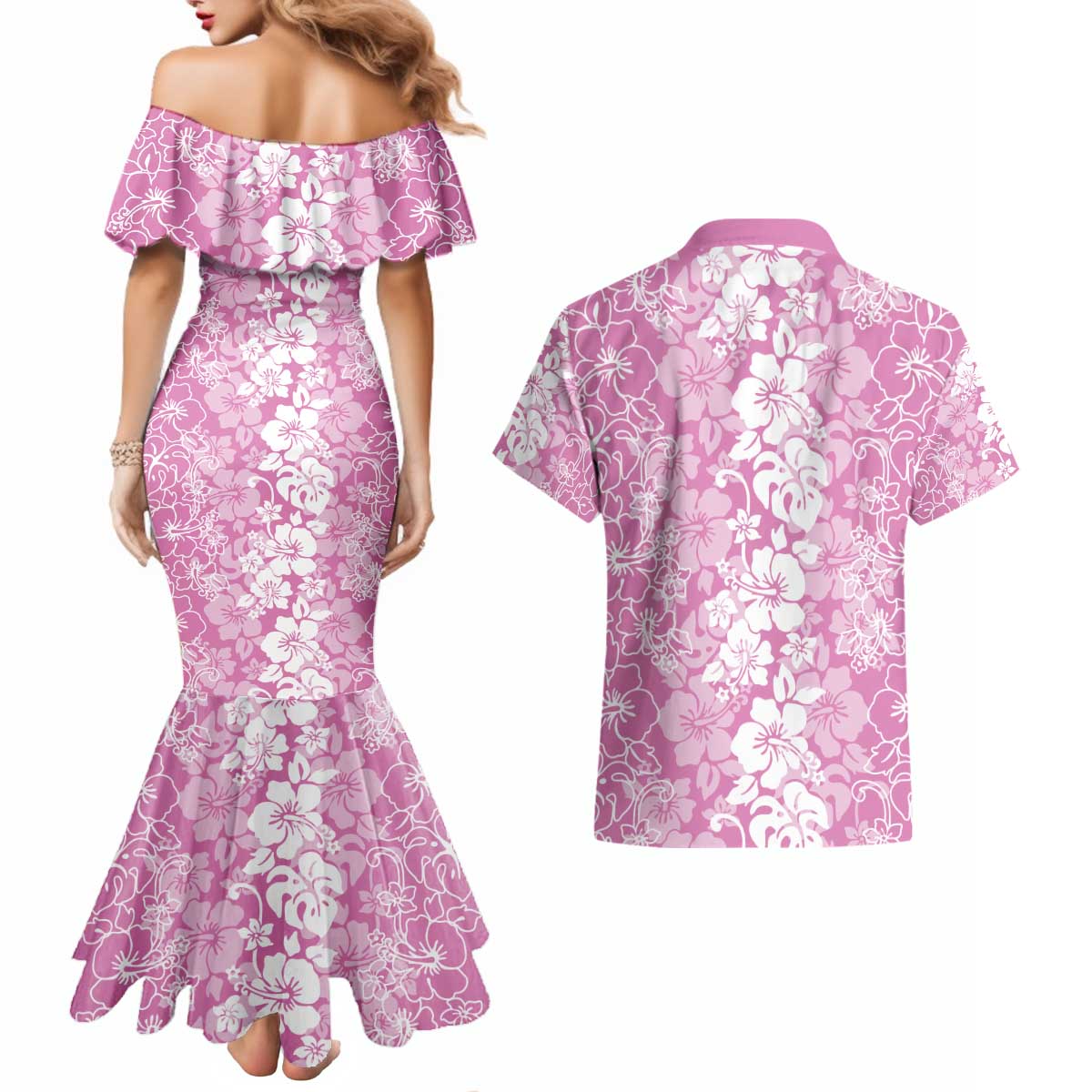 Hawaiian Lei Day Couples Matching Mermaid Dress and Hawaiian Shirt Pink Hibiscus Flowers Lei Art