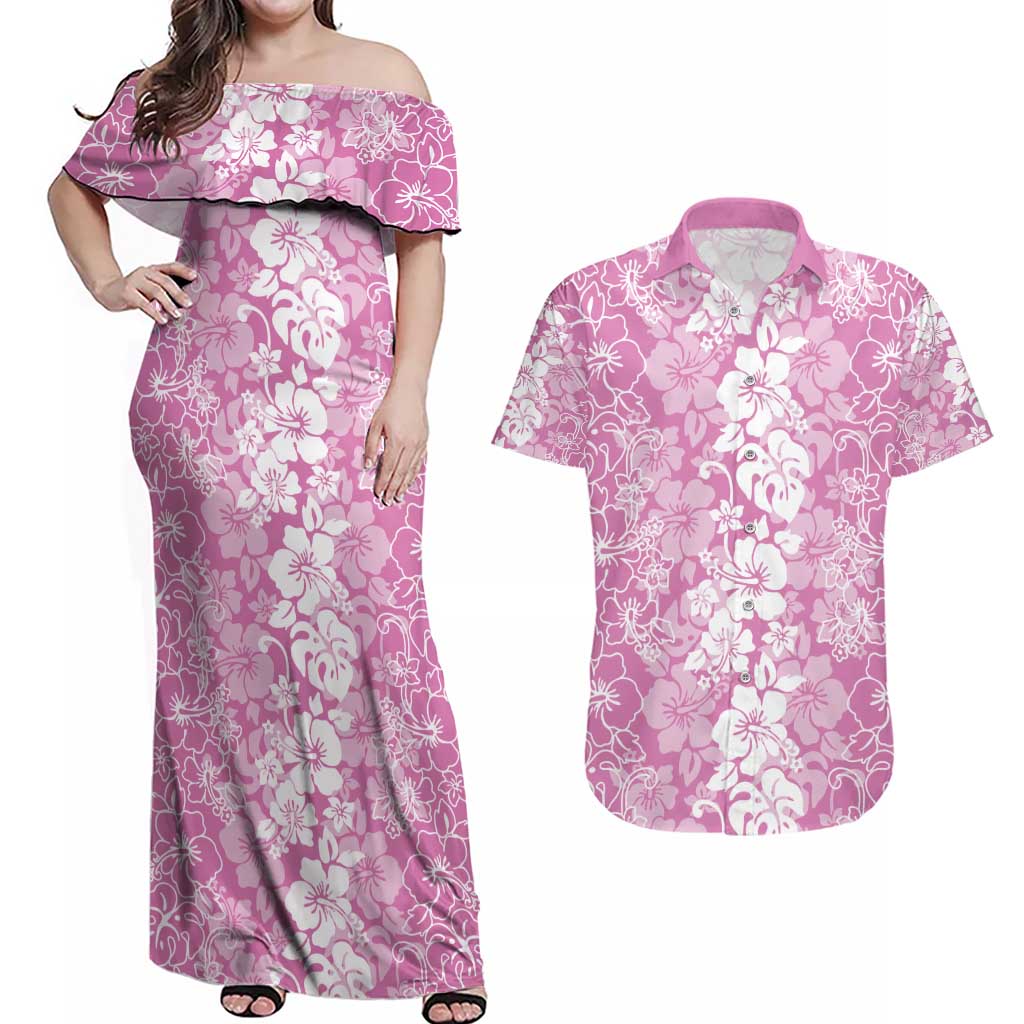 Hawaiian Lei Day Couples Matching Off Shoulder Maxi Dress and Hawaiian Shirt Pink Hibiscus Flowers Lei Art