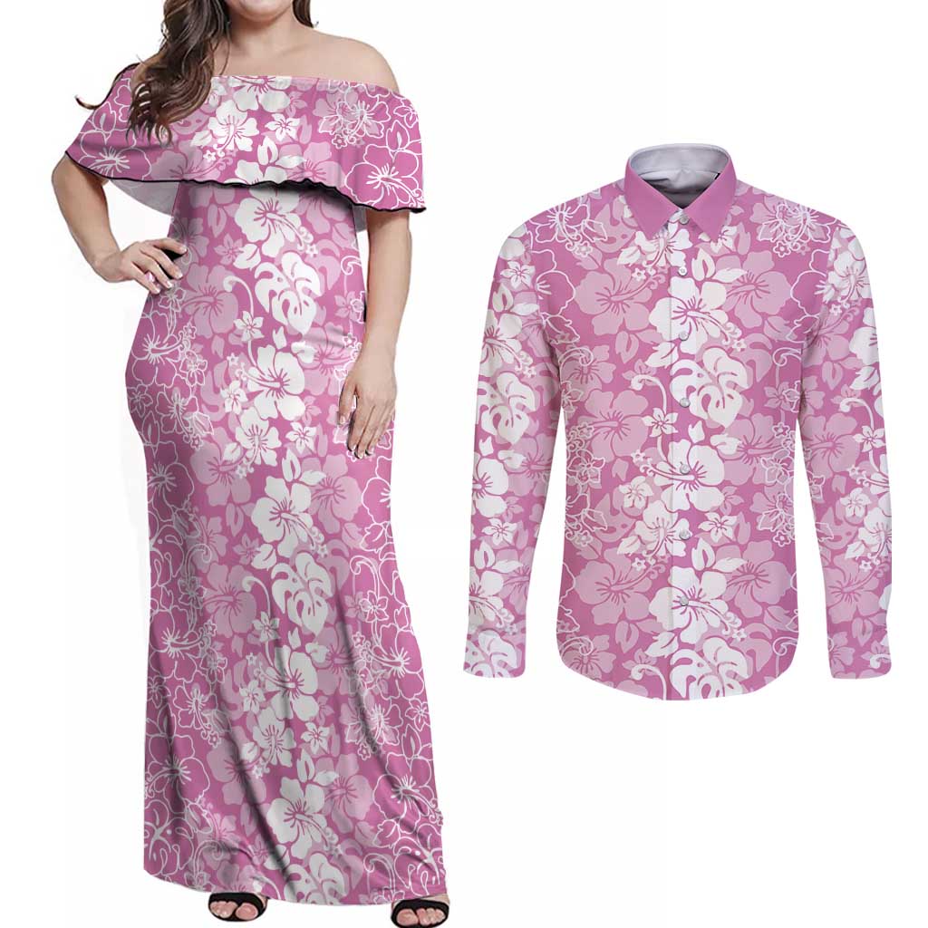Hawaiian Lei Day Couples Matching Off Shoulder Maxi Dress and Long Sleeve Button Shirt Pink Hibiscus Flowers Lei Art