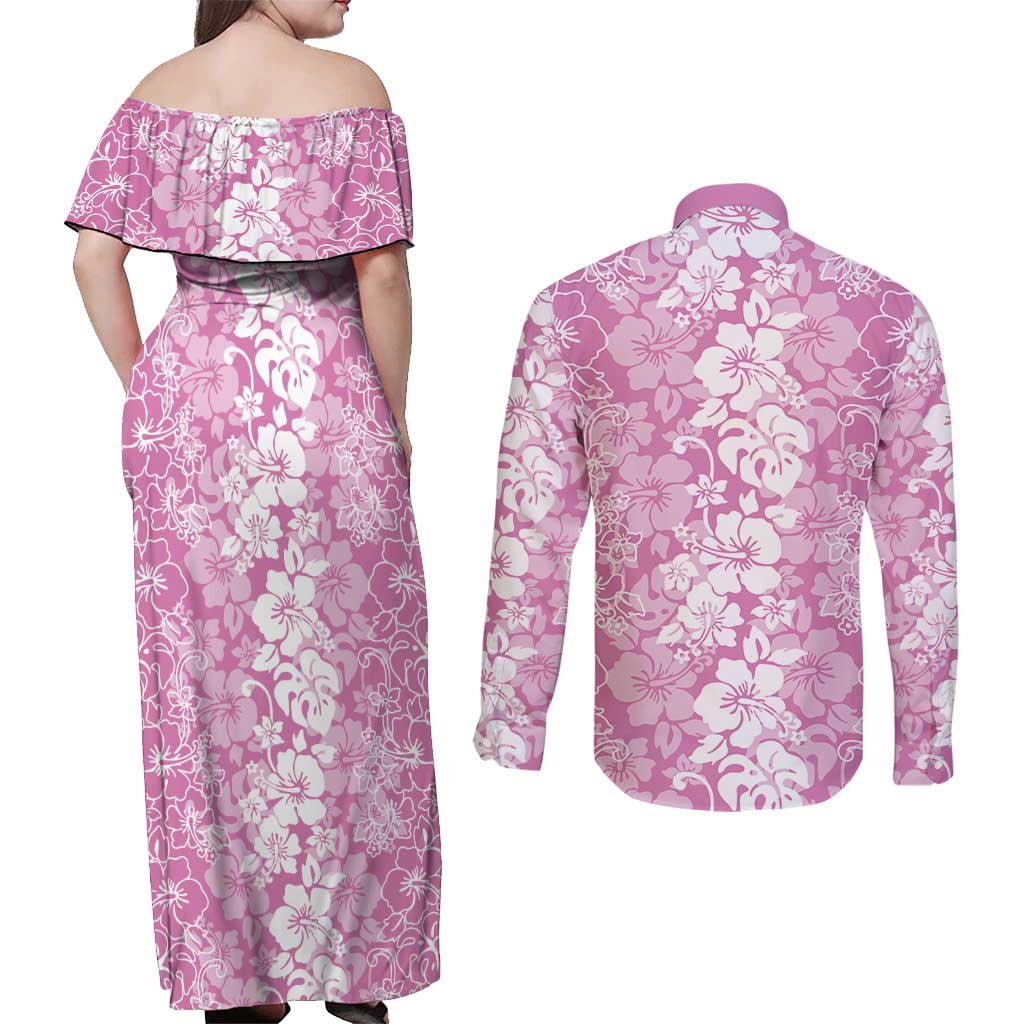 Hawaiian Lei Day Couples Matching Off Shoulder Maxi Dress and Long Sleeve Button Shirt Pink Hibiscus Flowers Lei Art
