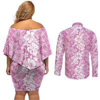 Hawaiian Lei Day Couples Matching Off Shoulder Short Dress and Long Sleeve Button Shirt Pink Hibiscus Flowers Lei Art