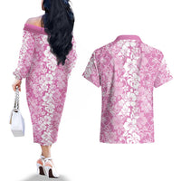 Hawaiian Lei Day Couples Matching Off The Shoulder Long Sleeve Dress and Hawaiian Shirt Pink Hibiscus Flowers Lei Art LT9 - Polynesian Pride