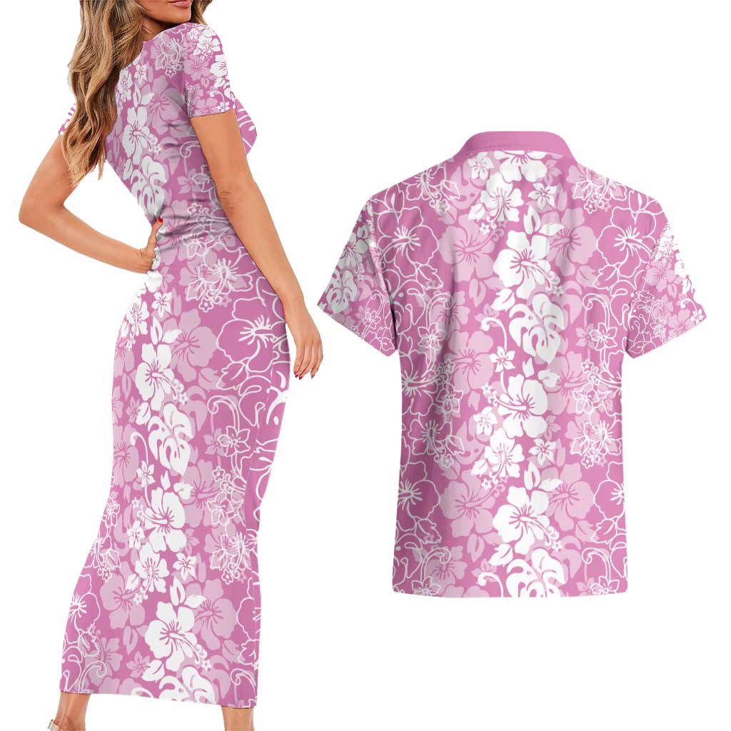 Hawaiian Lei Day Couples Matching Short Sleeve Bodycon Dress and Hawaiian Shirt Pink Hibiscus Flowers Lei Art