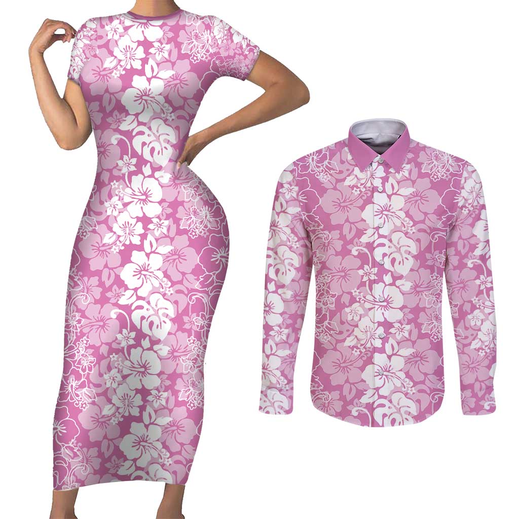 Hawaiian Lei Day Couples Matching Short Sleeve Bodycon Dress and Long Sleeve Button Shirt Pink Hibiscus Flowers Lei Art