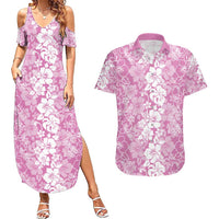 Hawaiian Lei Day Couples Matching Summer Maxi Dress and Hawaiian Shirt Pink Hibiscus Flowers Lei Art