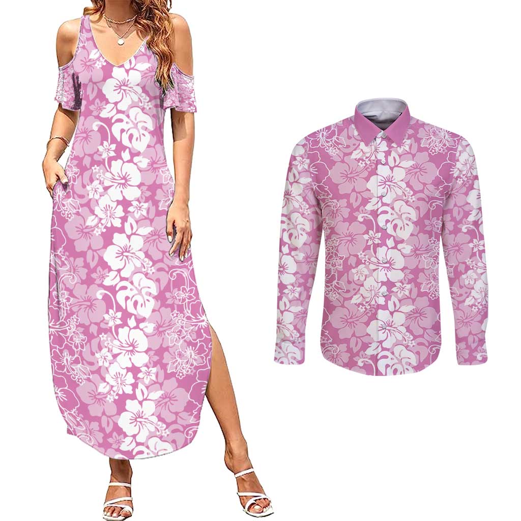 Hawaiian Lei Day Couples Matching Summer Maxi Dress and Long Sleeve Button Shirt Pink Hibiscus Flowers Lei Art