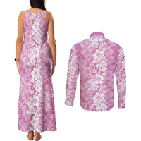 Hawaiian Lei Day Couples Matching Tank Maxi Dress and Long Sleeve Button Shirt Pink Hibiscus Flowers Lei Art