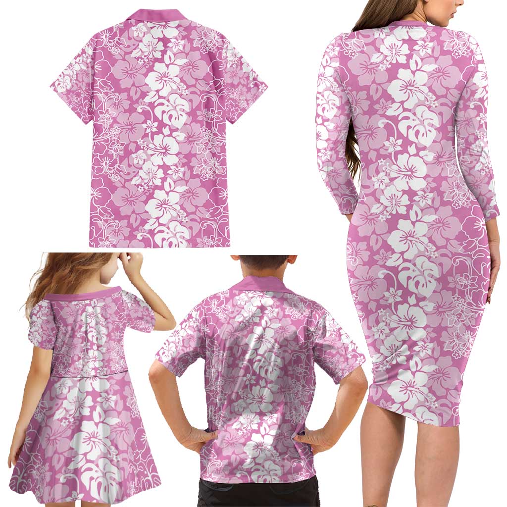 Hawaiian Lei Day Family Matching Long Sleeve Bodycon Dress and Hawaiian Shirt Pink Hibiscus Flowers Lei Art