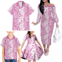 Hawaiian Lei Day Family Matching Off The Shoulder Long Sleeve Dress and Hawaiian Shirt Pink Hibiscus Flowers Lei Art LT9 - Polynesian Pride
