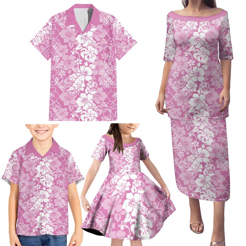 Hawaiian Lei Day Family Matching Puletasi and Hawaiian Shirt Pink Hibiscus Flowers Lei Art