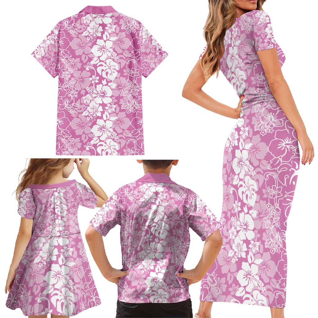 Hawaiian Lei Day Family Matching Short Sleeve Bodycon Dress and Hawaiian Shirt Pink Hibiscus Flowers Lei Art