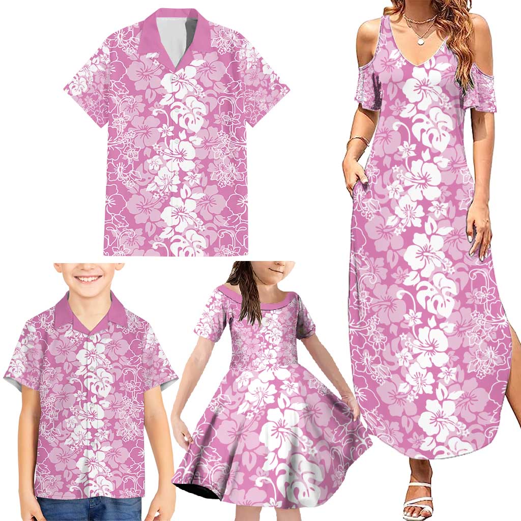 Hawaiian Lei Day Family Matching Summer Maxi Dress and Hawaiian Shirt Pink Hibiscus Flowers Lei Art