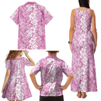 Hawaiian Lei Day Family Matching Tank Maxi Dress and Hawaiian Shirt Pink Hibiscus Flowers Lei Art