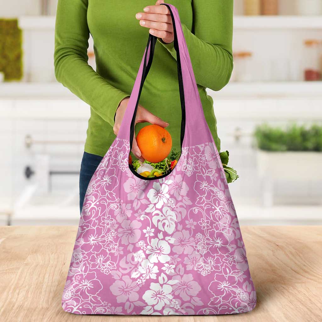 Hawaiian Lei Day Grocery Bag Pink Hibiscus Flowers Lei Art