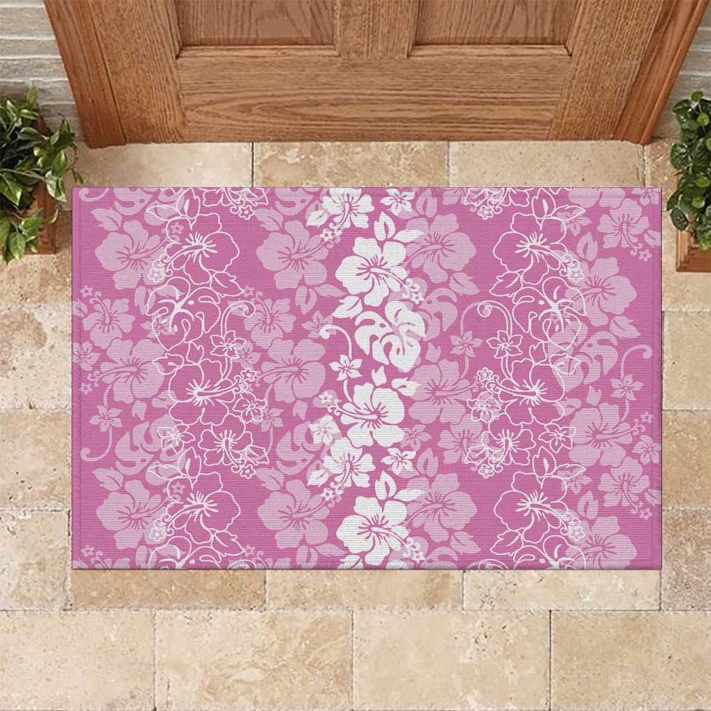 Hawaiian Lei Day Rubber Doormat Pink Hibiscus Flowers Lei Art