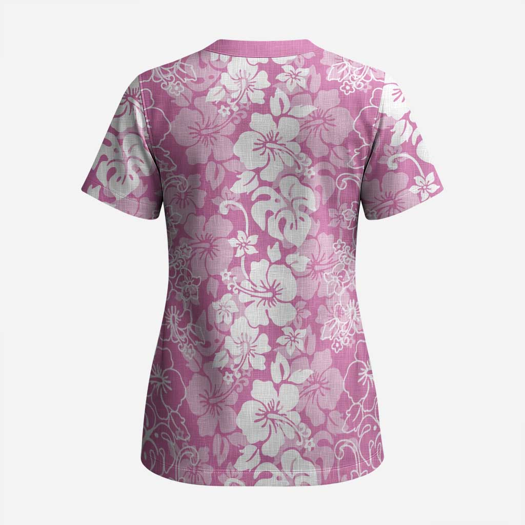 Hawaiian Lei Day Scrub Top Pink Hibiscus Flowers Lei Art - Polynesian Pride