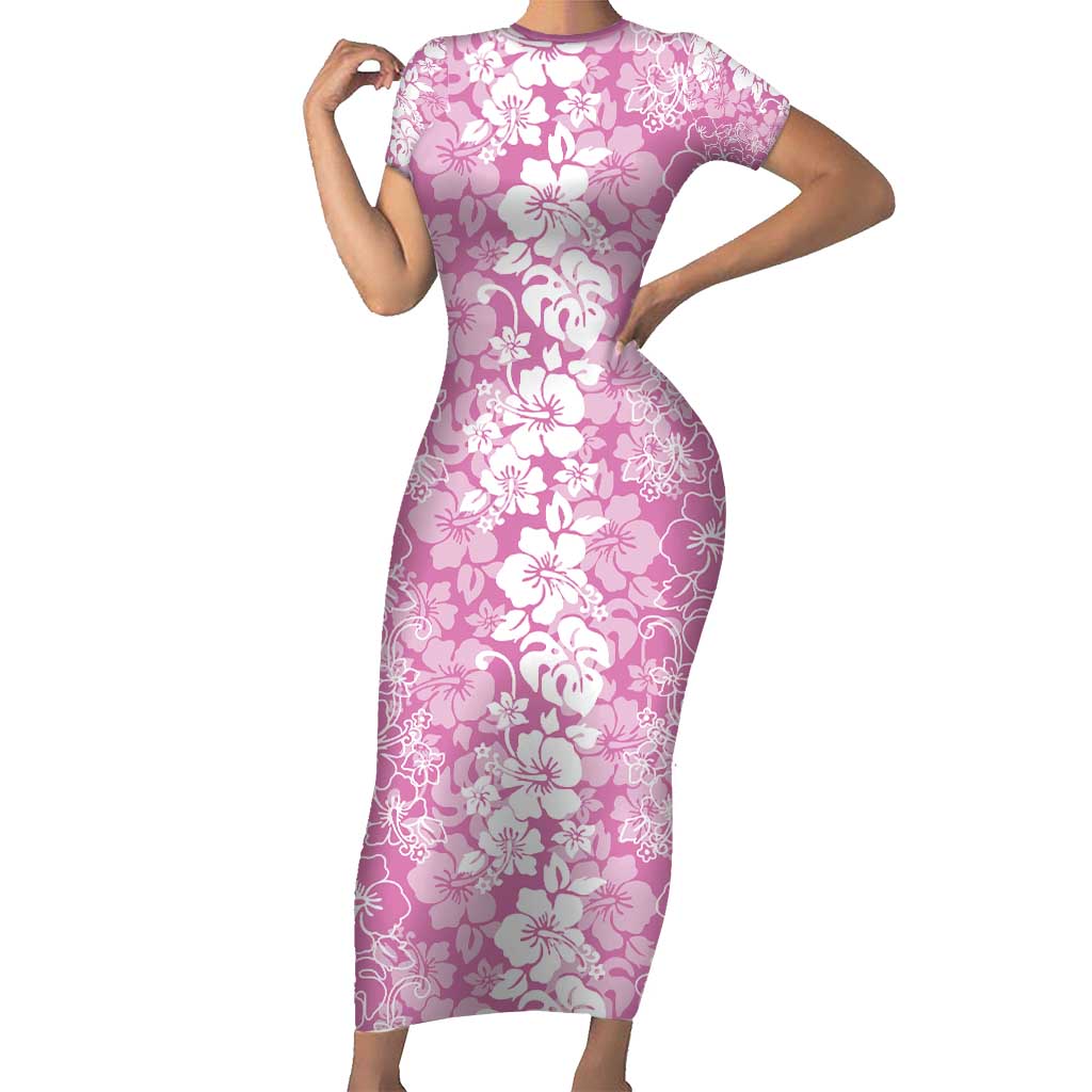 Hawaiian Lei Day Short Sleeve Bodycon Dress Pink Hibiscus Flowers Lei Art