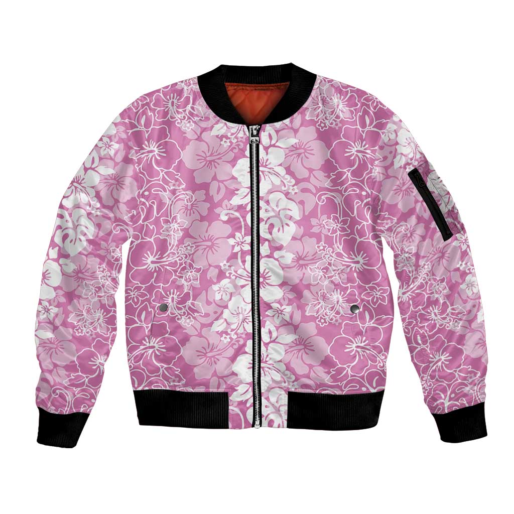 Hawaiian Lei Day Sleeve Zip Bomber Jacket Pink Hibiscus Flowers Lei Art