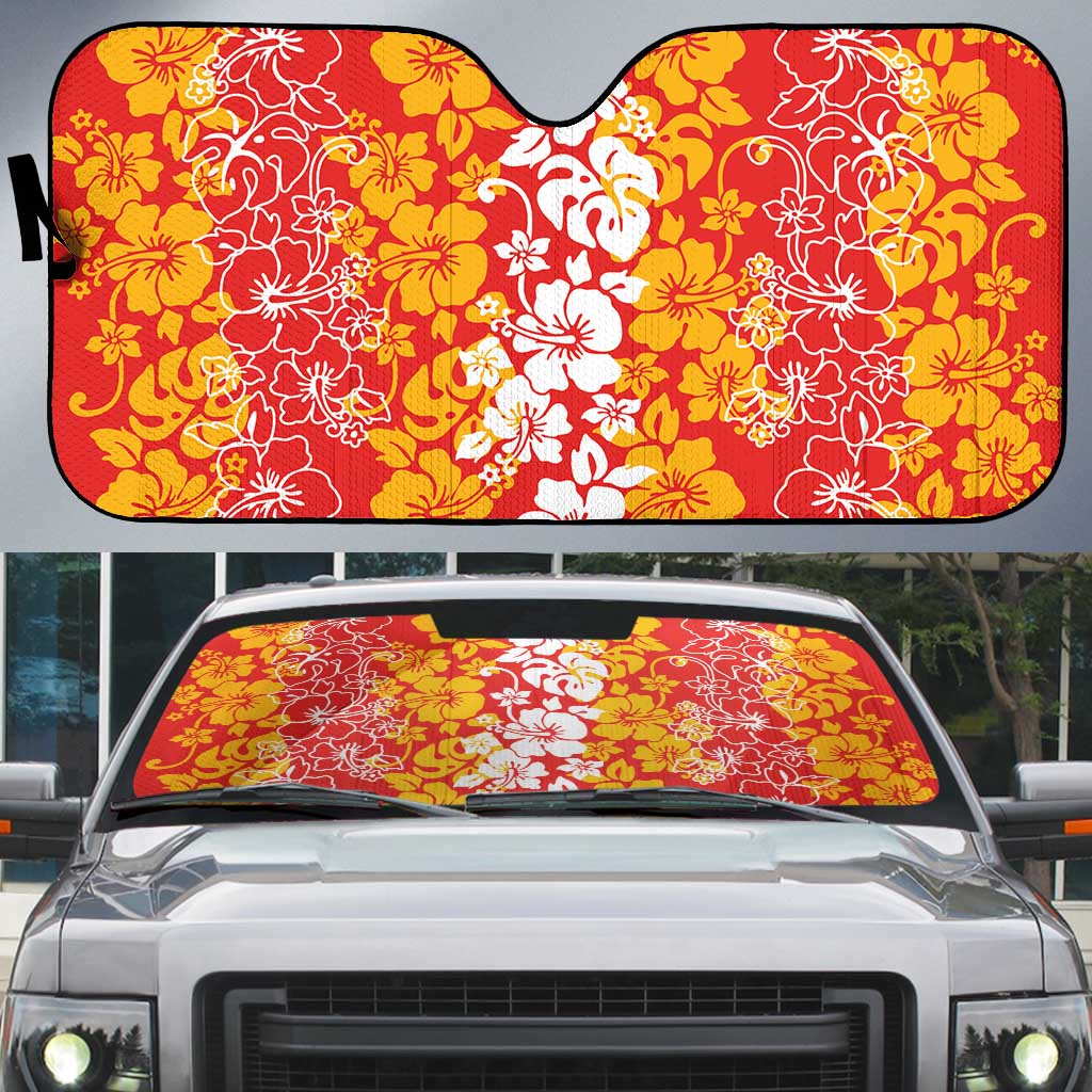 Hawaiian Lei Day Auto Sun Shade Red Hibiscus Flowers Lei Art - Polynesian Pride