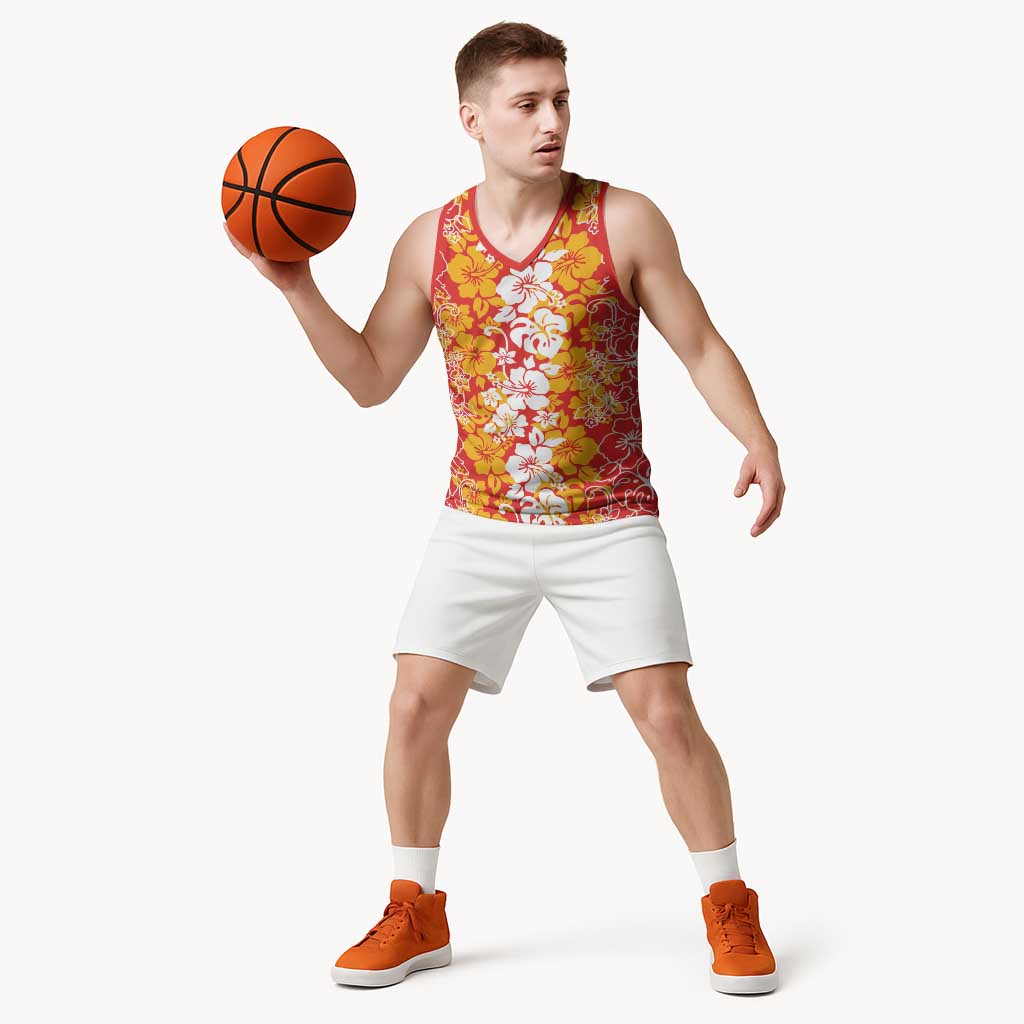 Hawaiian Lei Day Basketball Jersey Red Hibiscus Flowers Lei Art - Polynesian Pride